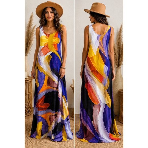 Ulla Popken Dresses & Skirts - Ulla Popken Abstract Painterly Print Sleeveless Maxi Dress 16/18 Wild Bright